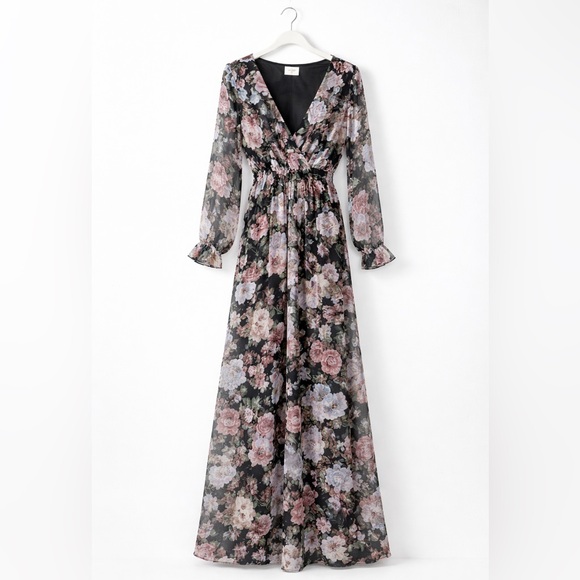 Everly Floral Surplice Maxi Dress | Long Sleeve Flowy Boho | Size L - Picture 2 of 9